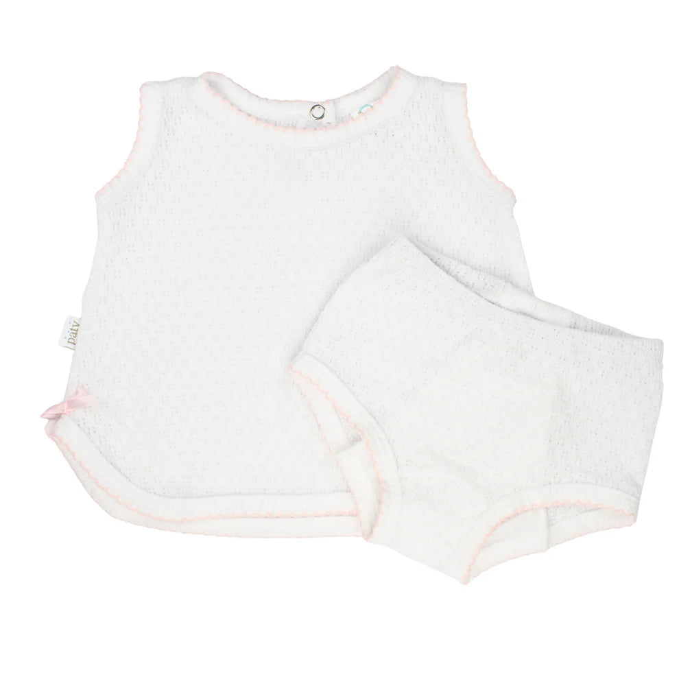 Paty Knit, 2 PC Sleeveless Diaper Set - Pink Trim